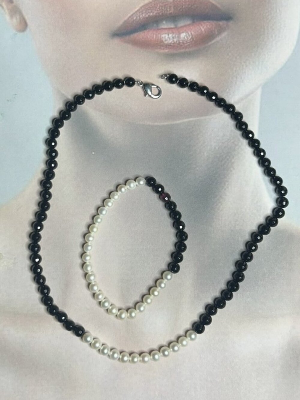 Faceted Black Onyx Agate Beads and Cultured Pearl Necklace and Bracelet